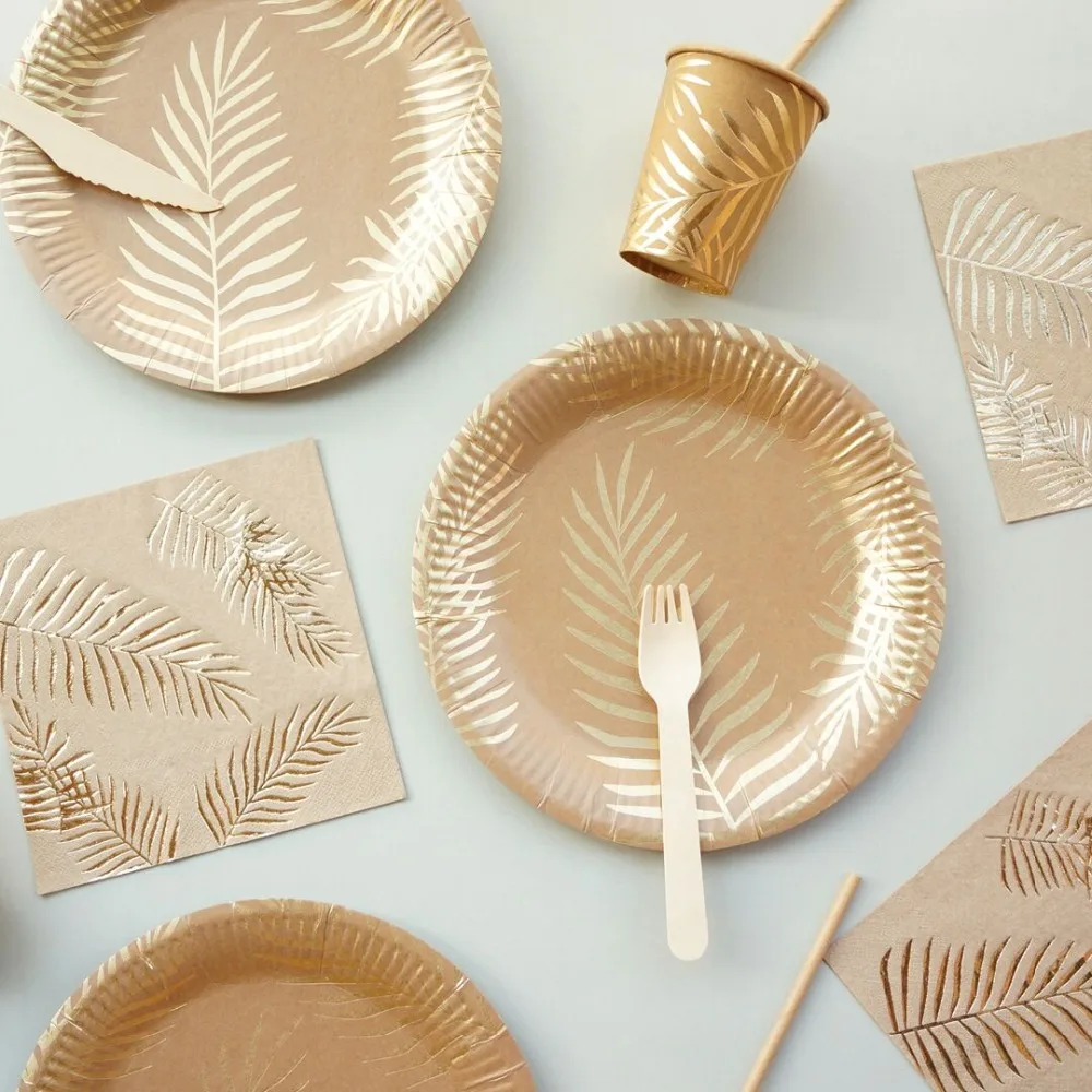 

57Pcs/set Palm Leaf Disposable Tableware Gold Foil Paper Plates Cup Straws Birthday Wedding Party Decor Carnival Supplies