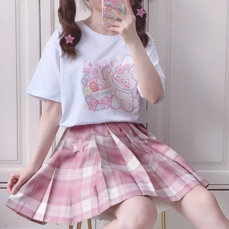 

QWEEK Japanese Style Kawaii Anime T-shirt for Girl Streetwear Women Korean Style Kpop Short Sleeve Cute Print T-shirts White Top