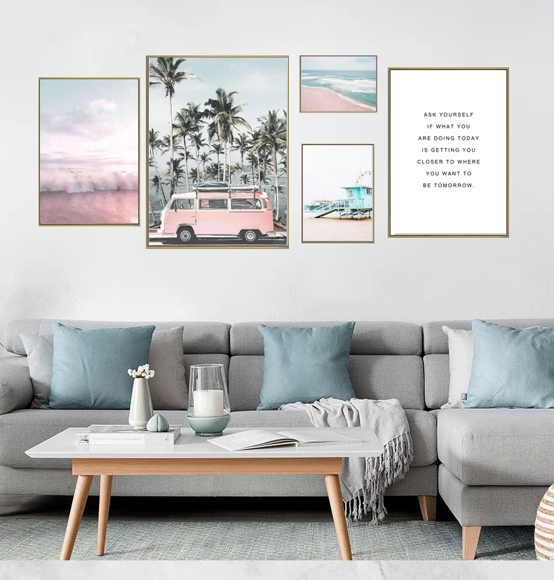 Пейзаж океана холст Постер в скандинавском стиле пляж Розовый автобус Настенная