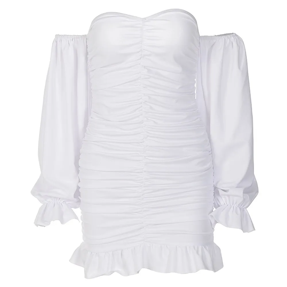 

White Solid Color Off Shoulder Long Loose Flare Puff Sleeve Ruched Mini Dress for Nightclub Night Out Cocktail