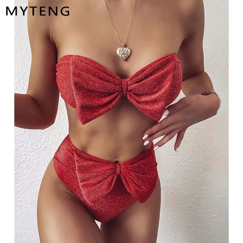 Розовое бикини с бантом сексуальный купальник высокой талией блестящий женский