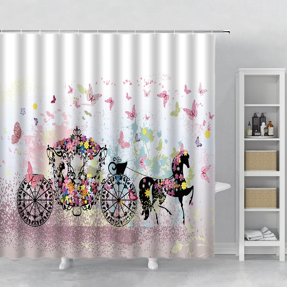

Beautiful Butterfly Girl Shower Curtain Dream Fairy Tale Carriage Flowers Fabric Bathroom Bath Curtains Sets Home Bathtub Decor