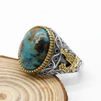 vintage turquoise ring for men 925 sterling silver oval natural gemstone lucky turkish handmade retro jewelry anniversary gift