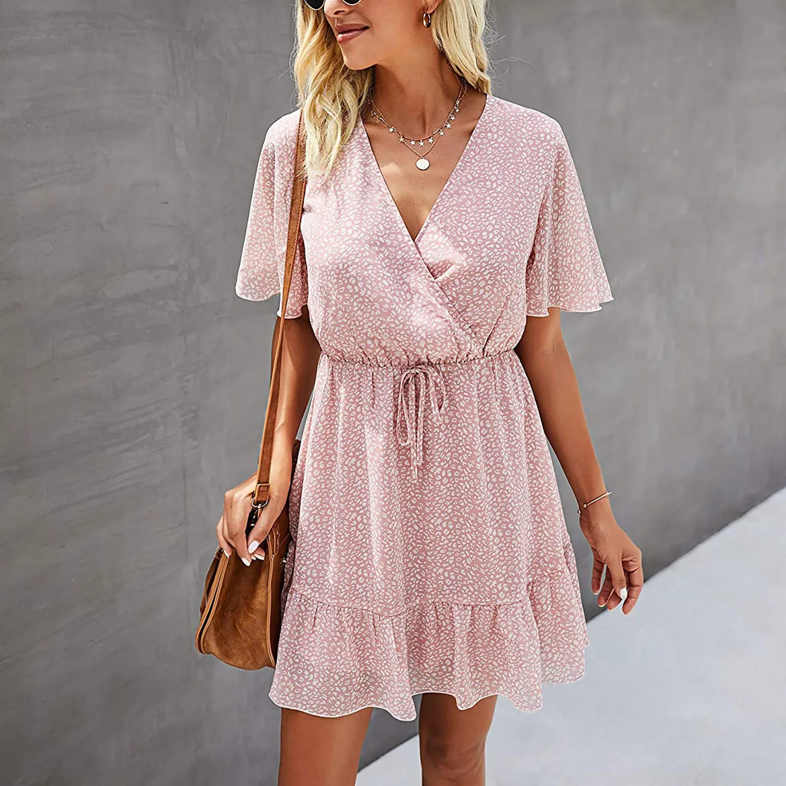 

Dress Holiday Style Women Summer Short Sleeve Ruffle Floral Dress V Neck High Waist Mini Dress Elegant Floral Summer Dress