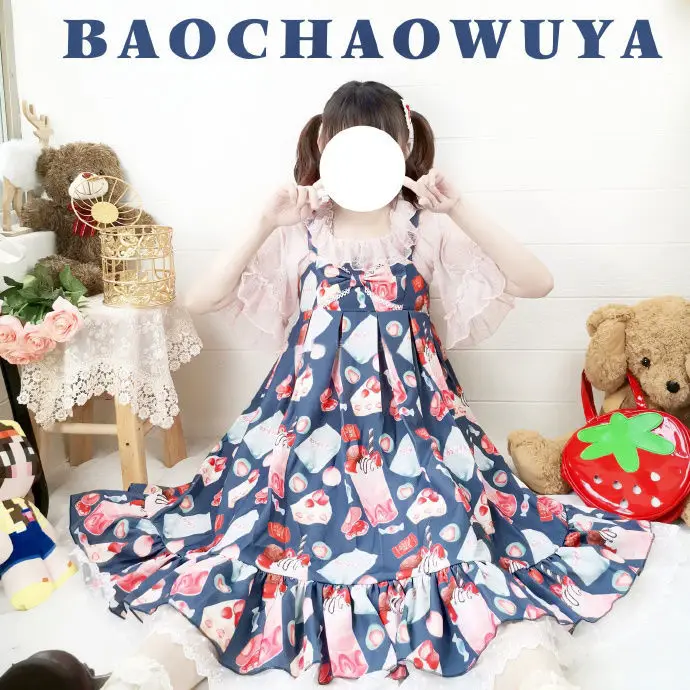 

Японское платье сладкой Лолиты JSK, платье с принтом клубники, торта, десерта, вечевечерние НКИ, повседневное шикарное милое платье, женские п...