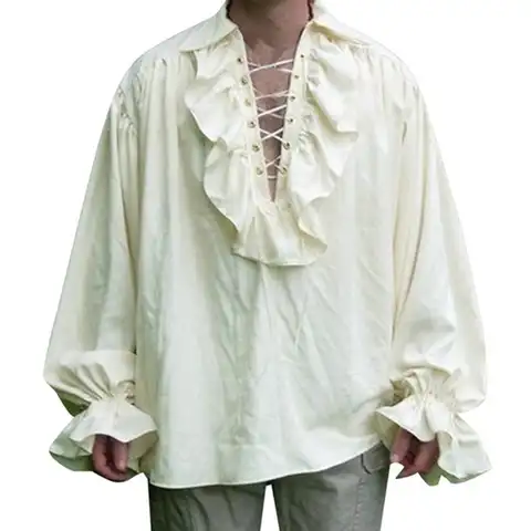 Мужская Блузка с оборками и длинным рукавом, со шнуровкой, средневековая рубашка в стиле стимпанк, Пиратская рубашка, косплей, принц, искусс...