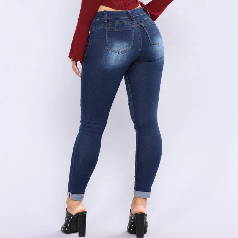 Короткие Синие рваные женские джинсы на пуговицах джинсовые узкие брюки с