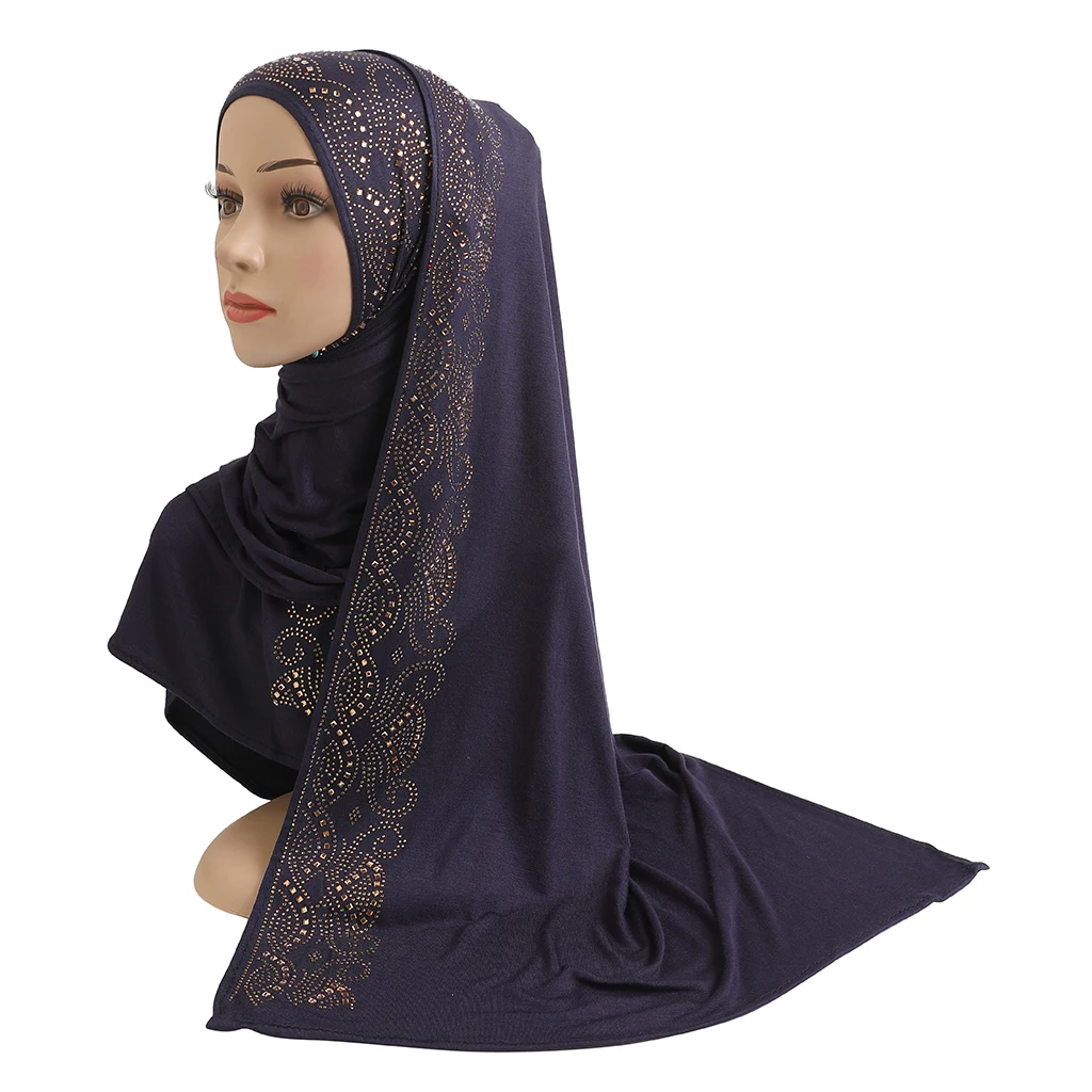 

H202 Cotton jersey muslim long scarf with rhinestones Soft modal headscarf islamic hijab shawl rectangular headwrap turban wrap
