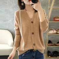 21 spring autumn new pure wool cardigan womens knitwear big button v neck color blocking long sleeve all match jacket loose top