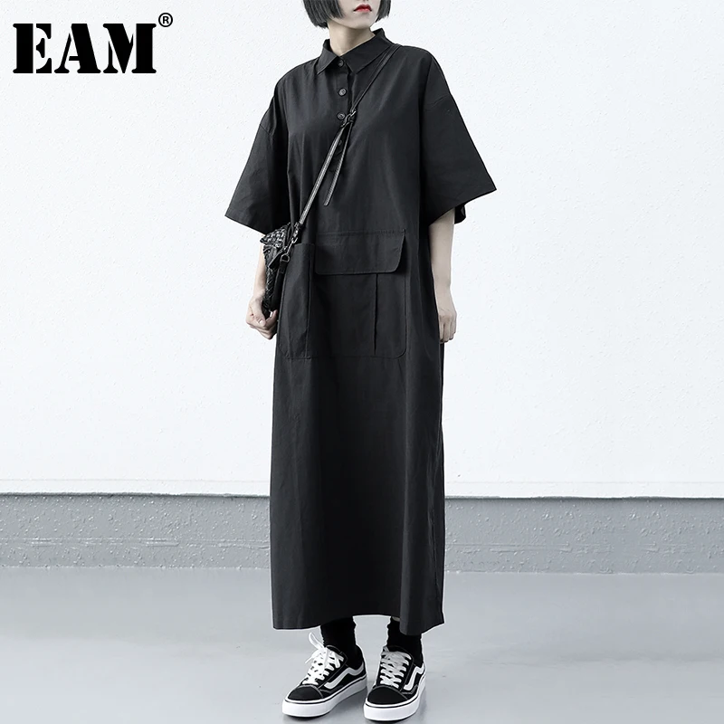 

[EAM] Women Black Pocket Spliced Big Size Shirt Dress New Lapel Half Sleeve Loose Fit Fashion Tide Spring Summer 2021 1DD8625