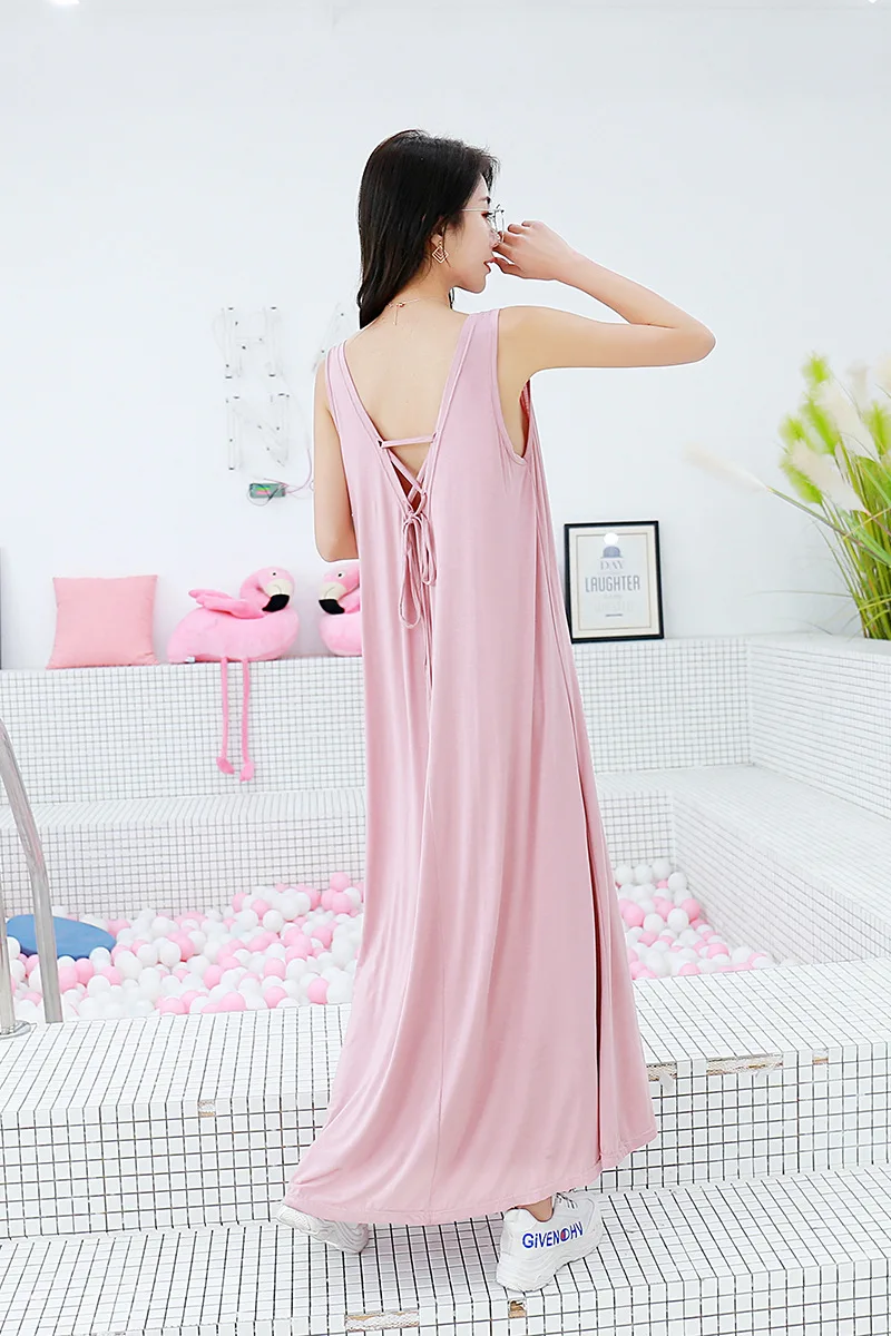 

Modal Home Dressing Gown Sexy Long Nightdress Summer New Nightgown Intimate Lingerie Female Casual Pink Nightwear Sleepwear