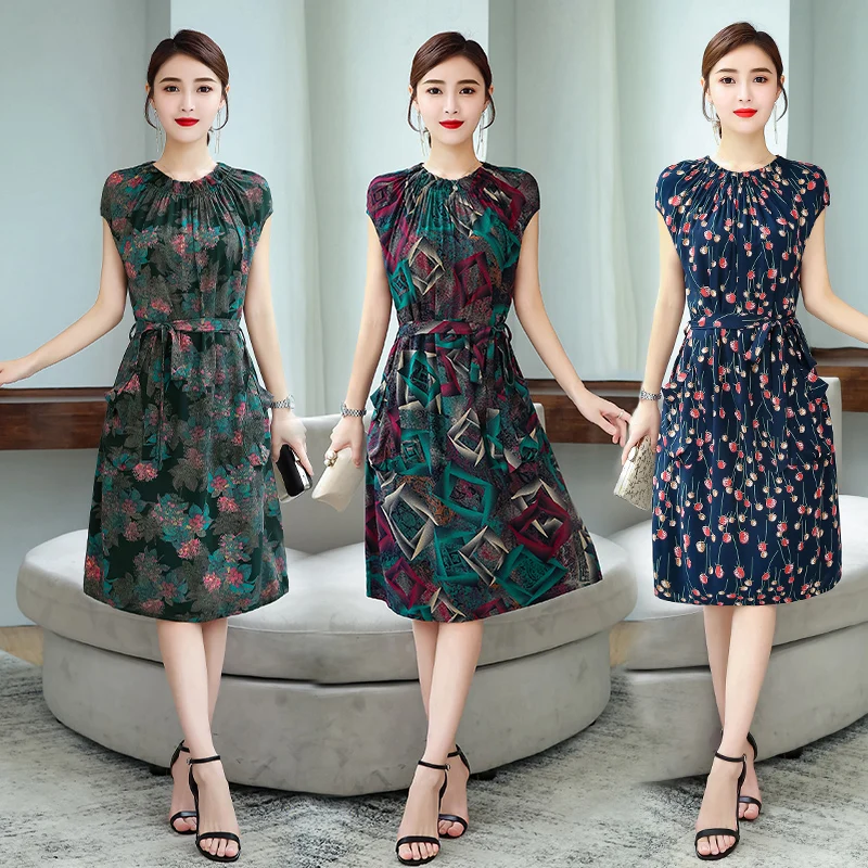 

2020 Elegant Women Dresses Ladies O-Neck sleeveless Loose Floral Printed Dress Female Vintage Party Vestidos Plus Size dress