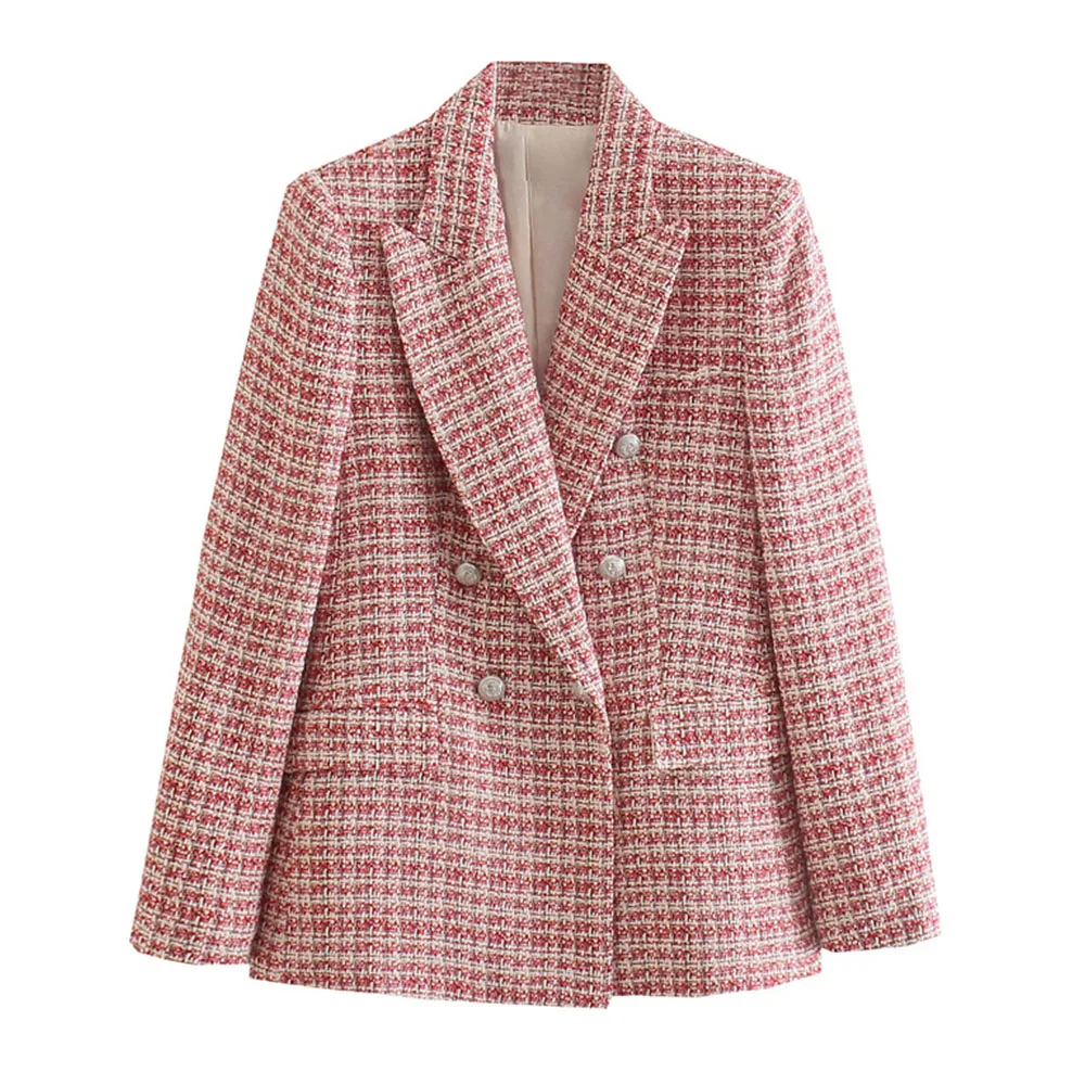 

2021 Za New Women Fashion Double Breasted Tweed Check Blazer Coat Vintage Long Sleeve Pockets Female Outerwear Chic Jacket