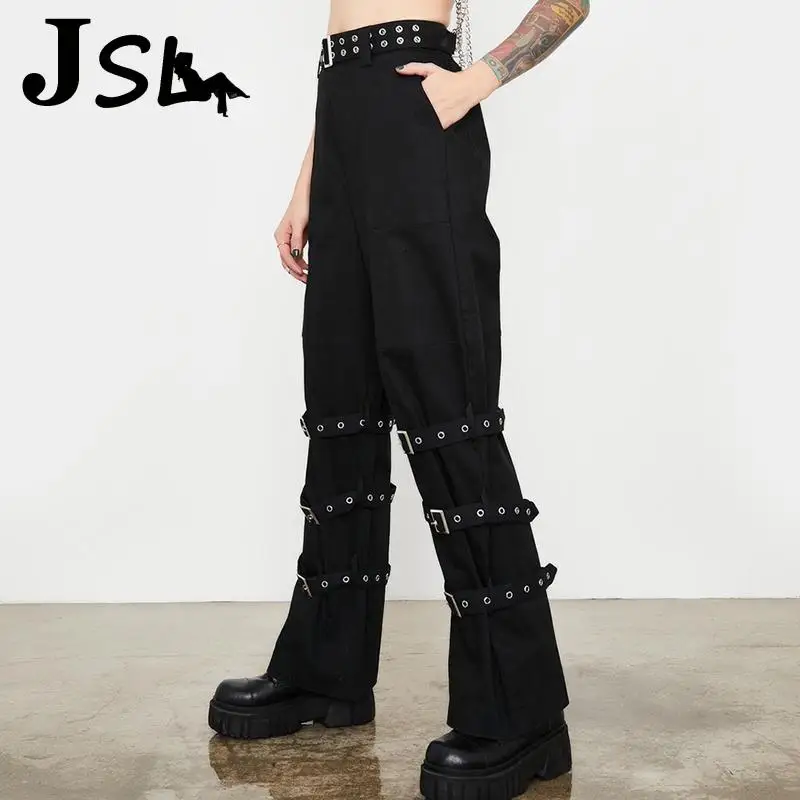 

Women Black Gothic Buckle Bandage Denim Pants with Belt Punk Streetwear High Waist Straight Jeans Korean Y2K Hip Hop Trousers