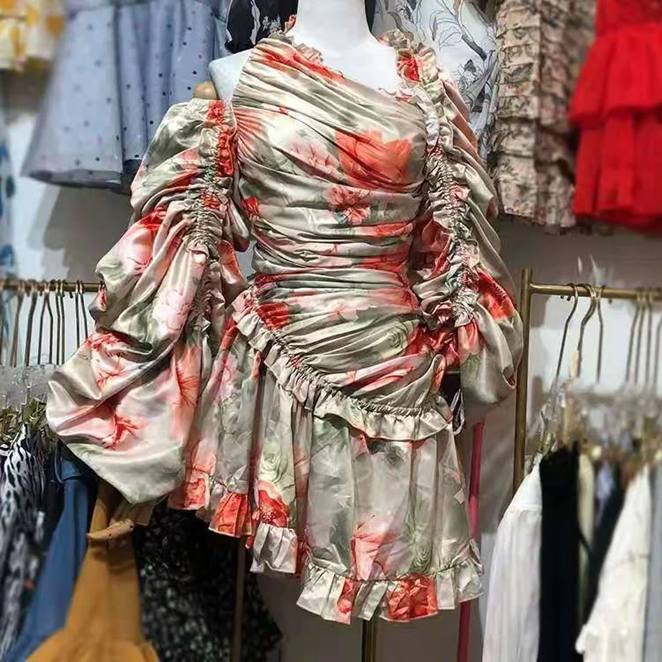 Новинка 2020 модное женское платье с принтом оборками асимметричный воротник