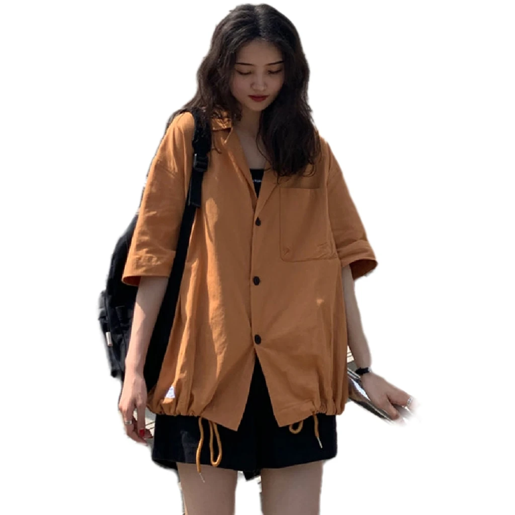 

Summer Korean retro Hong Kong Style loose thin design sense of minority Japanese top short sleeve women's simple high street