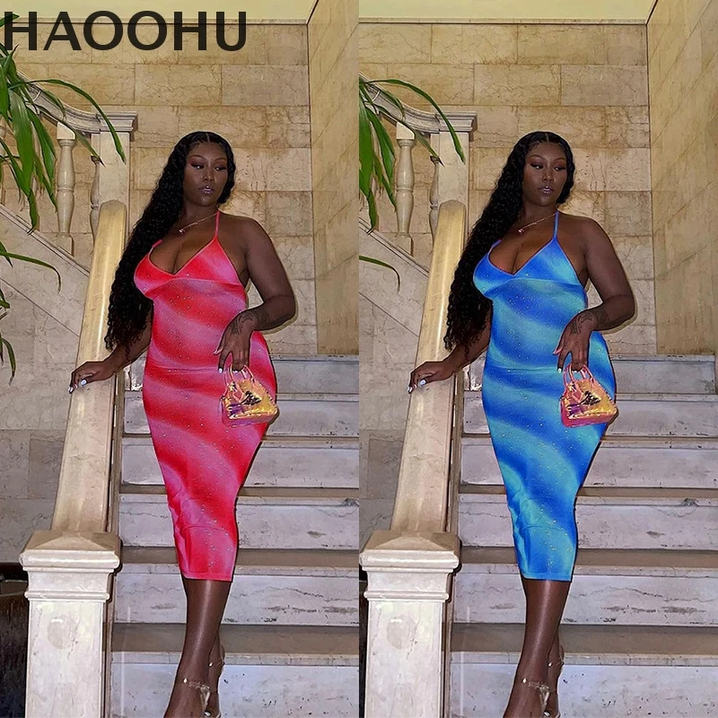 

Women Summer Boho Beach Sexy Party Spaghetti Strap V Neck Bodycon Dress Skinny Gradient Print Dress Sheath Clubwear