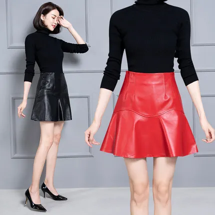 MESHARE New Fashion Genuine Sheep Real Leather Skirt 19K25