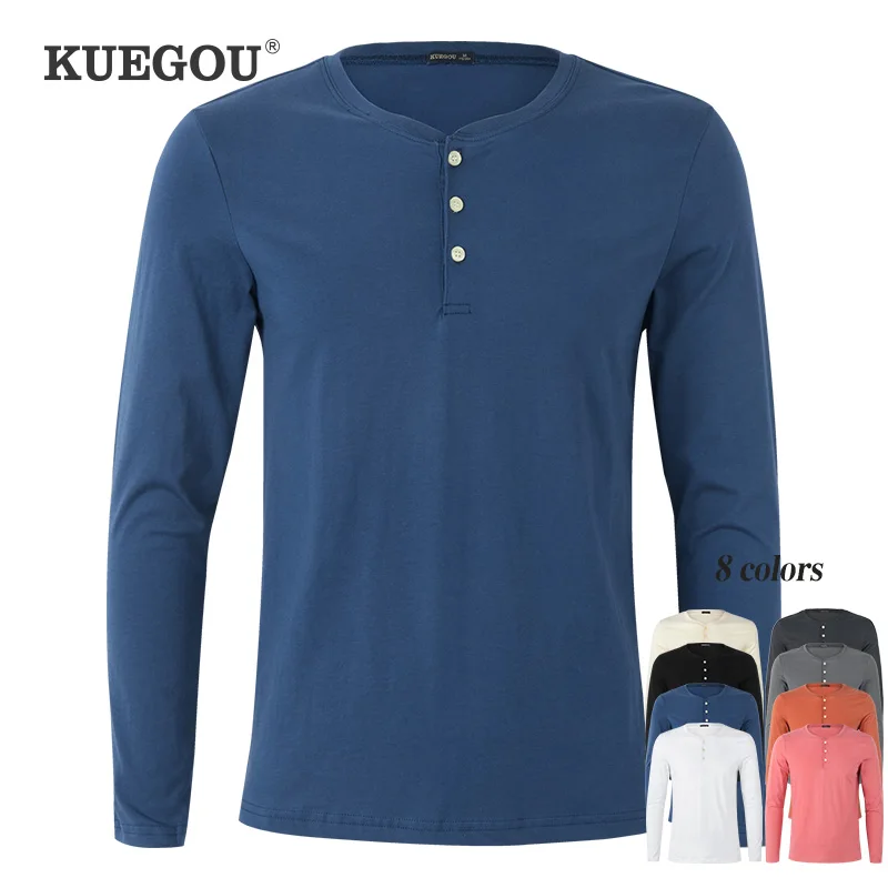 KUEGOU 100%Cotton Clothing Solid Men T-shirt Long Sleeve Basic Tee Spring Henley T shirt High Quality Top Plus Size ZT-88025
