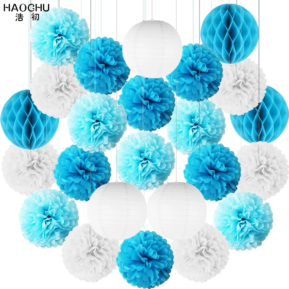 

24pcs/set White Blue Party Paper Big Lantern Tissue Pompoms Flower Honeycomb Ball Baby Shower Kids Birthday Wedding Decorations