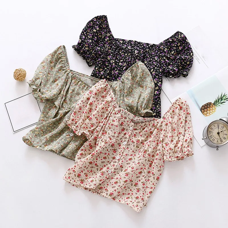 

Summer Floral Print Blouses Women Square Collar Chiffon Shirt Sweet Short Sleeve Blouses