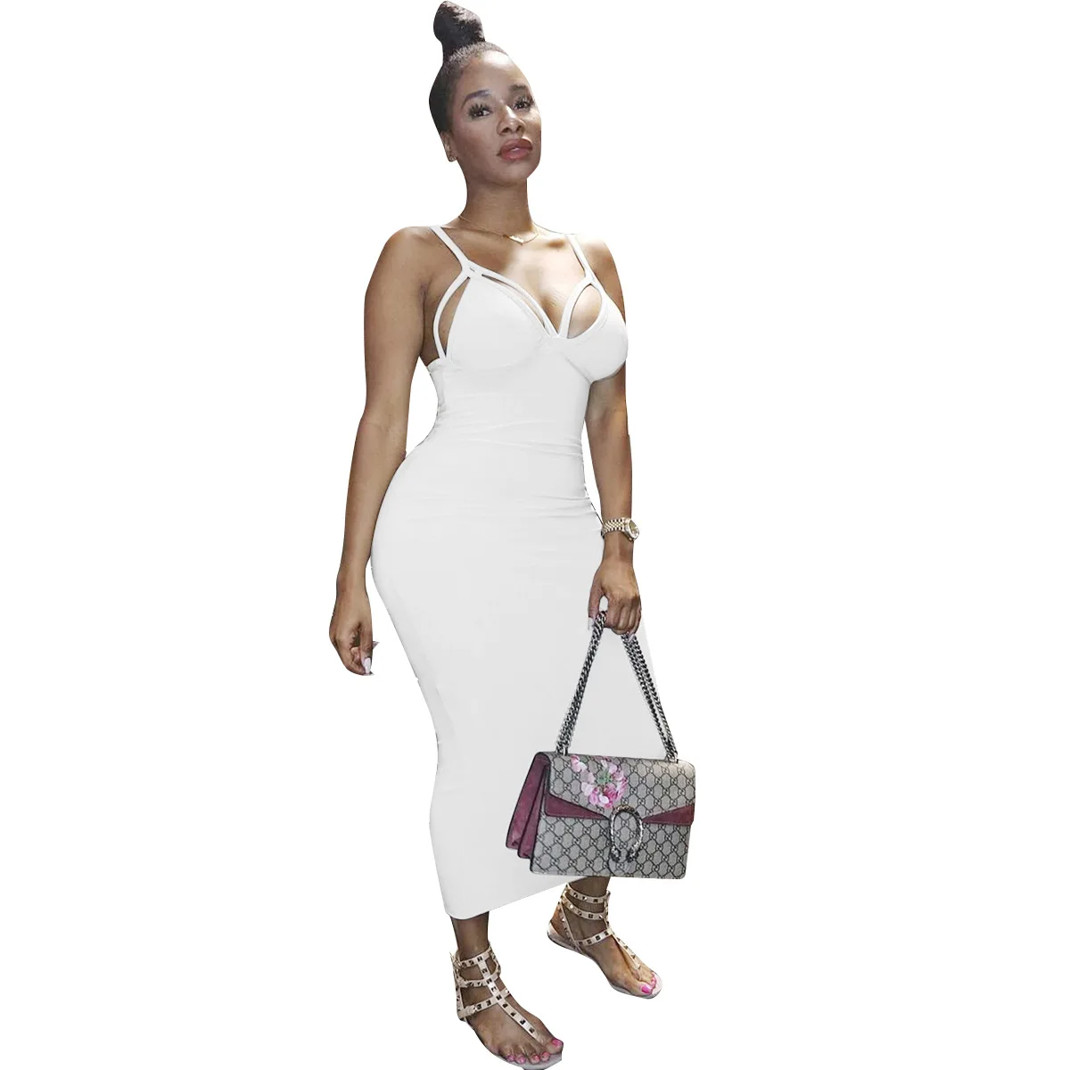 Summer 2019 Hot Sexy Night Club Fashion Ladies Women Compression Dress Solid Sleeveless V-neck Maxi Vestido | Тематическая одежда