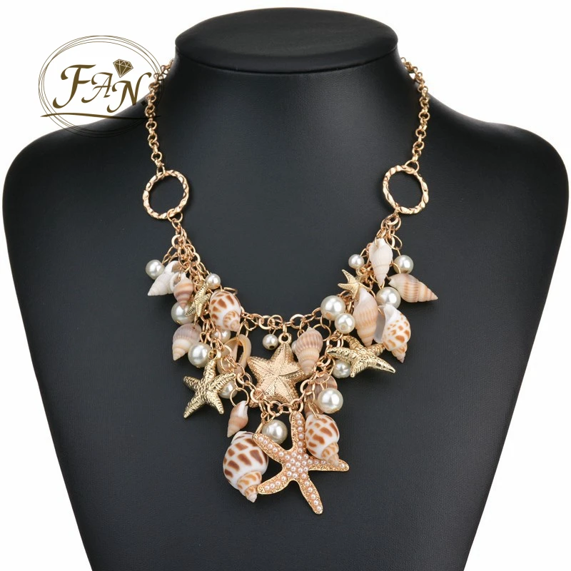 

2021 New Hot Trendy Summer Ocean Bohemian Style Shiny Starfish Shell Double Chain Necklace Jewellery Nice Gift for Girls & Women