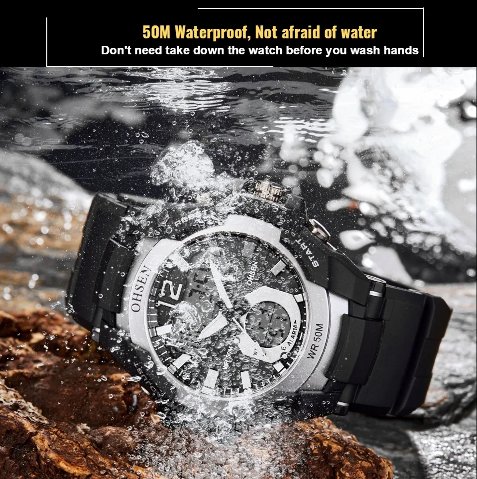 OHSEN Цифровые кварцевые мужские часы reloj hombre 50 м для дайвинга Военный Зеленый