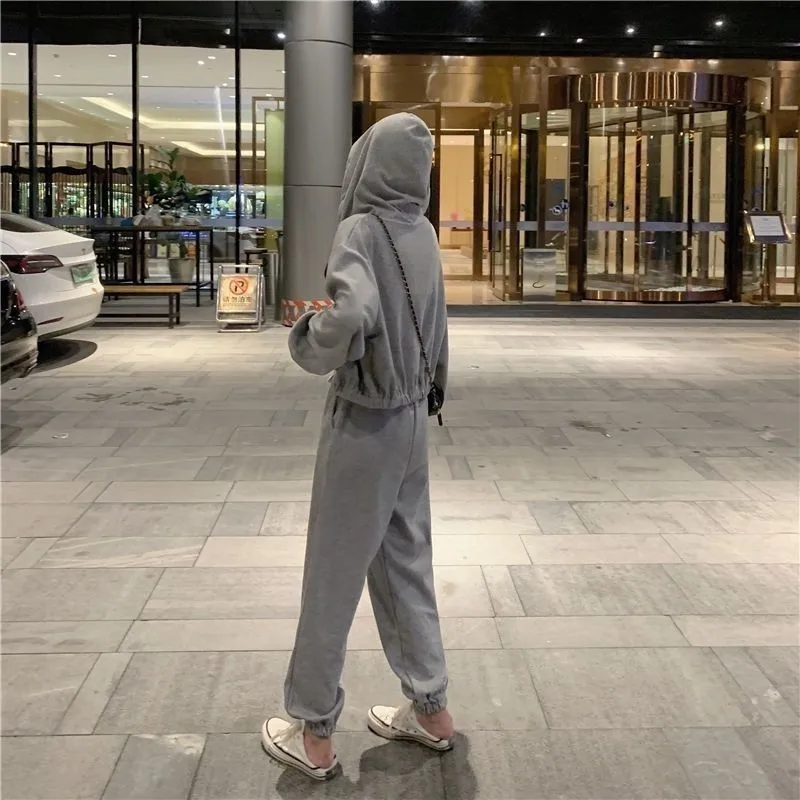 Women 3 Piece Set Solid Color Zip Hooded Drawstring Sweatshirts + Sexy vest+ Stretch Waist Casual Pants Fashion Suit tracksuit images - 6