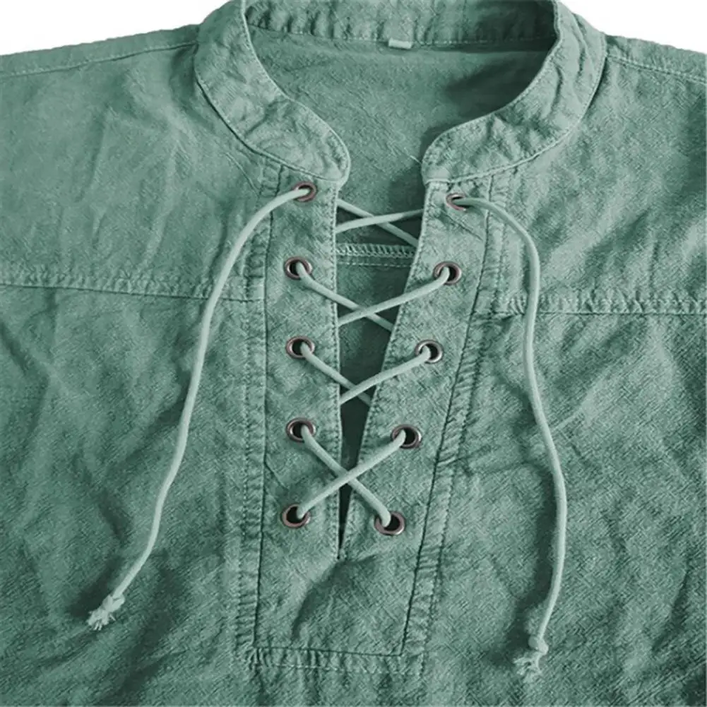 

70% Hot Sell Men Shirt Solid Color Lace Up Vintage Stand Collar Long Sleeve Top for Dating
