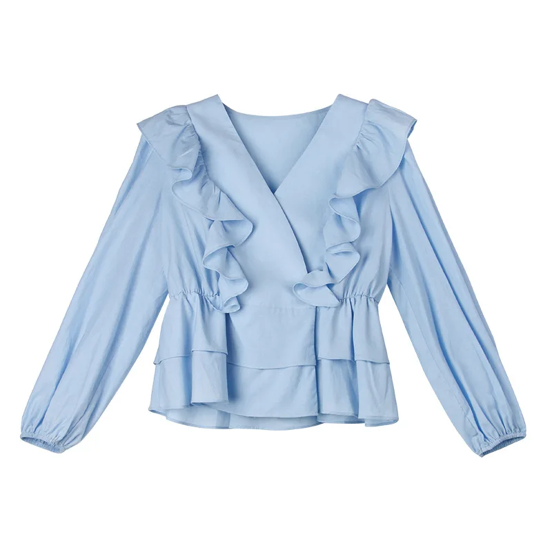 

Work Style Ol Solid Ruffles Patchwork Blouses Elegant Temperament V-neck Design Silm Shirts Casual Loose All-match Womens Tops