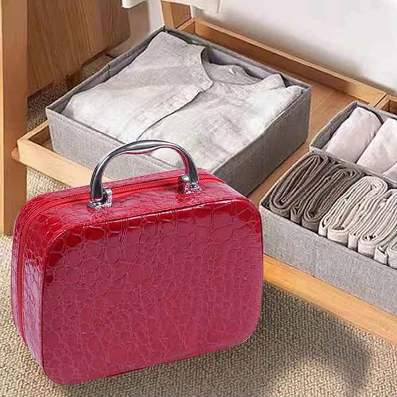 

2 Pcs Ladies Beautician Makeup Box Travel Handbag Pu Storage Bag Makeup Bag Washing Bag Elegant Makeup Box Black & Red