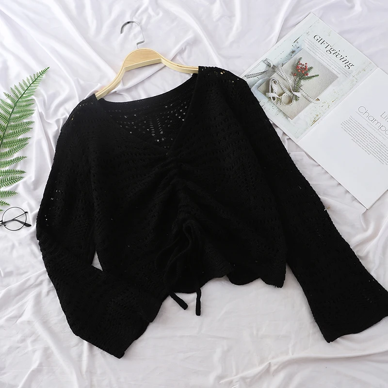 HELIAR Women 2020 Autumn Hollow Out Sweater V-Neck Drawstring Rope Design Long Sleeve Knitted Pullovers Loose For women | Женская одежда