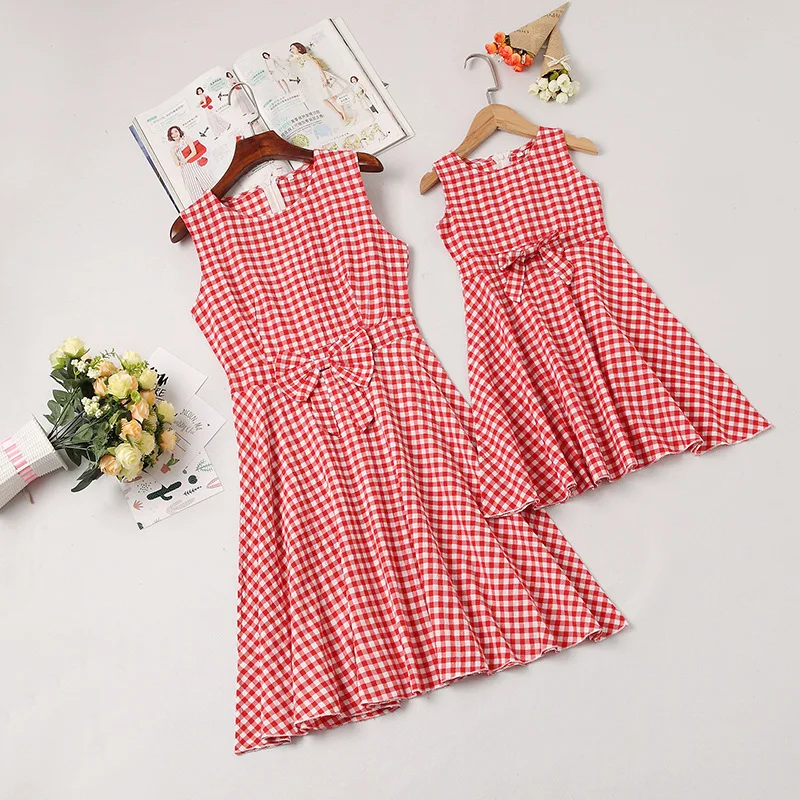 

Bowknot check round collar parent-child outfit dress mother daughter matching clothes cotton mommy and me cotton dresses