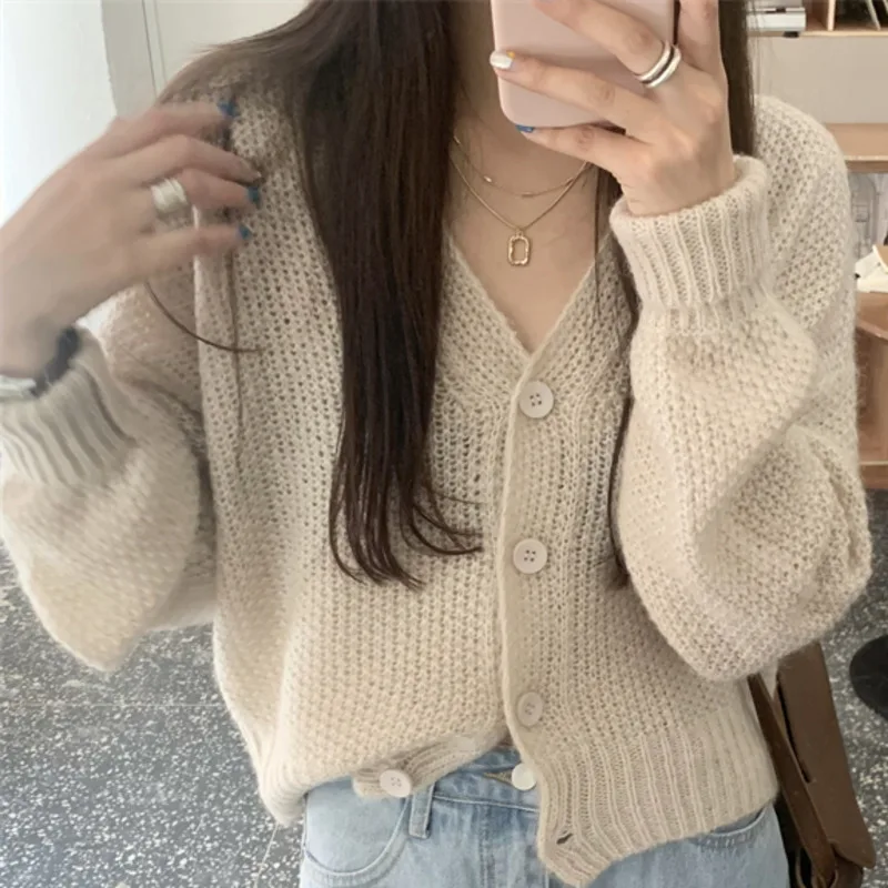 

Sweater Knitted Cardigan Solid Jacket Autumn V-neck Long Sleeve Vintage Tops Elegant Single Breasted Outerwear Chic Soft Coats