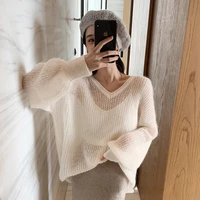 womens sexy v neck hollow oversized knit lantern sleeve mohair pullover sweater fall fashion white lazy simple harajuku sweater