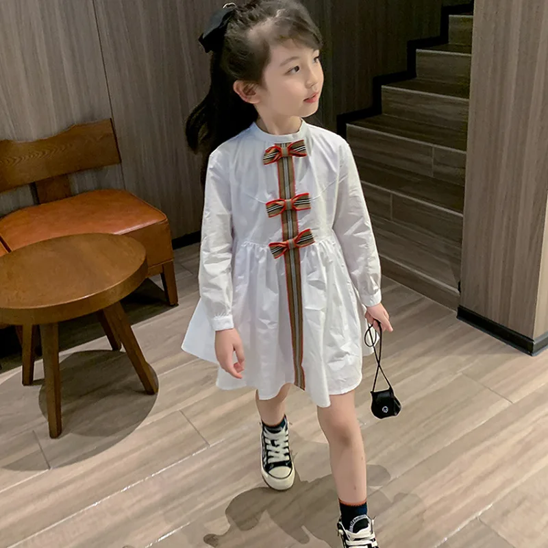 

Girls Elegant Bow Dress Spring Autumn Kids Cute White Princess Shirt Dresses 3 4 5 6 7 Years Children Casual Clothes vestidos
