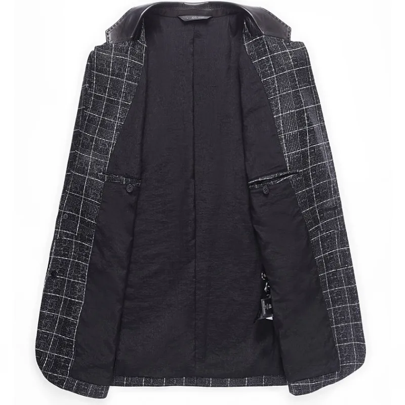 

Luxury Mens Sheepskin Genuine Leather Formal Suit Jacket Slim Fit Business Man Plaid Blazer Coat Wedding Party Dress Jackets 5XL