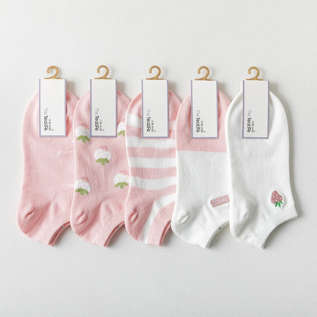 

5 Pairs Women's Sports Breathable Boat Socks Summer Girls High Quality Striped Printing Casual Ankle Cotton Socks 1 Set