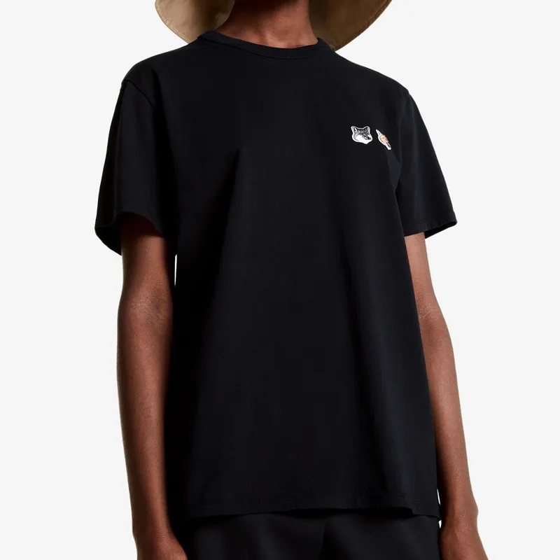 

Unisex T-shirt Double Head Fox Embroidery Solid Color Cotton Simple Short-sleeve Casual O-neck Tshirt Women and Men 2021 Summer