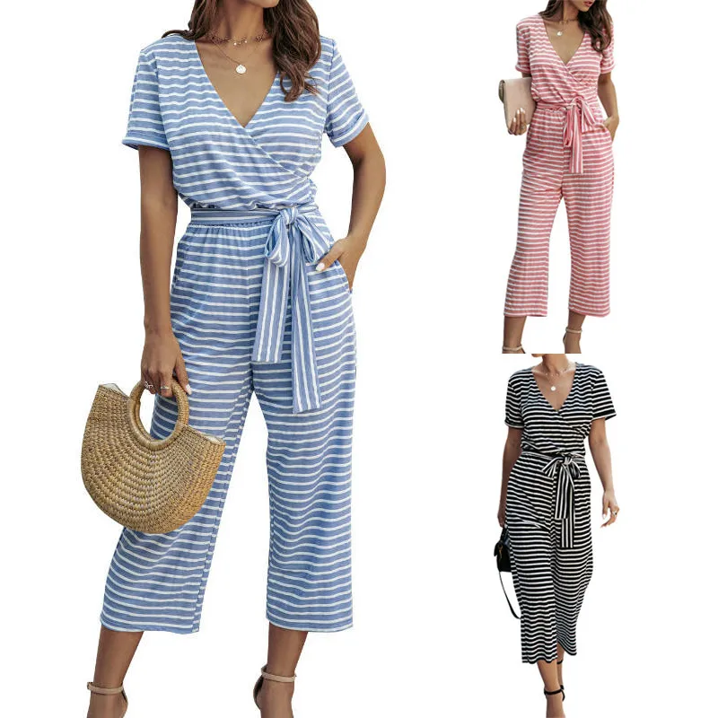 

Women Sexy V-neck Playsuit New Striped Short Sleeve Rompers Female Summer Holiday Jumpsuit Trousers Casual Jumpsuit Femme Street