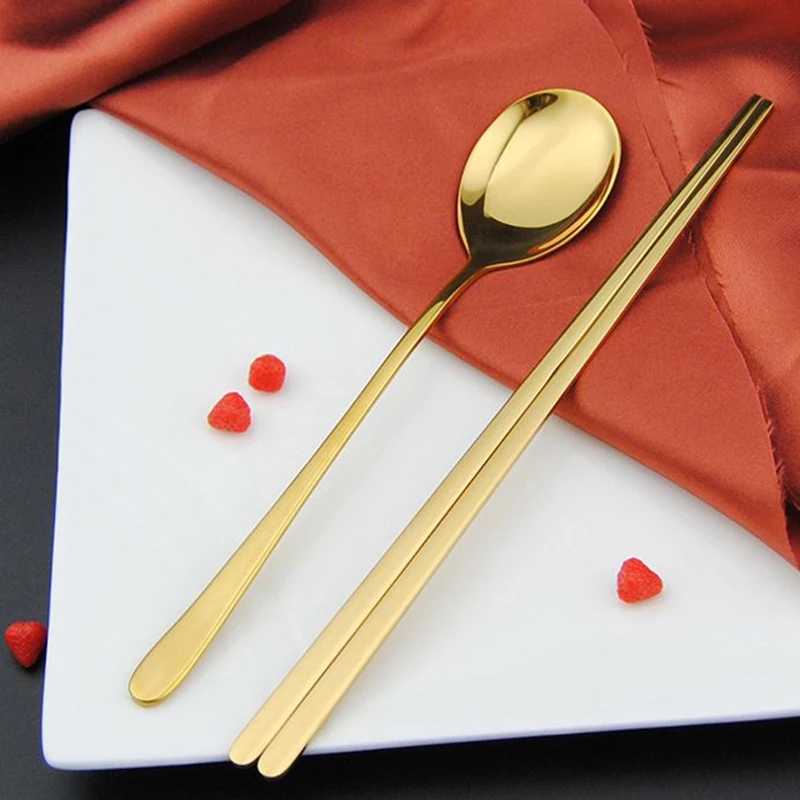 

Gold Korean Stainless Steel Food Chopsticks Spoon Set Long Handle Flat Non-slip Chopsticks Dessert Spoons Dinnerware Set
