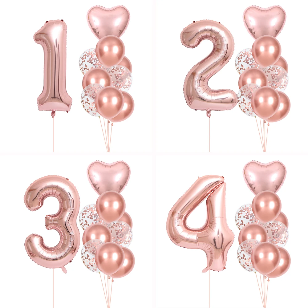 10pcs Happy Birthday Balloons Rose Gold Number Ballons 1 2 3 4 5th Girl Birthday Wedding Accessories Baby Shower Decorations