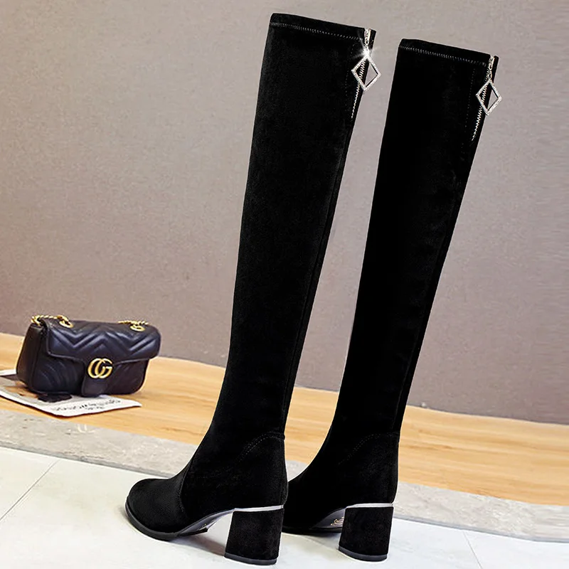 Женские эластичные сапоги до колена новые модные на высоком каблуке корейский