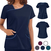 summer carer top women scrubs nursing working short sleeve irregular collar pocket workers t shirt tops medical uniforms clothes