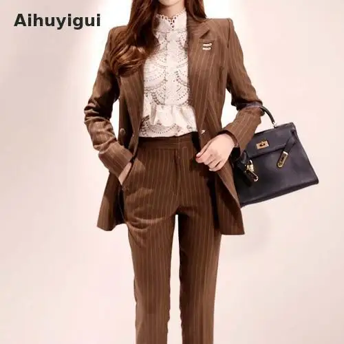 

2019 New Office Work Striped Blazer Suits Set Of Autumn Lapel OL Women Pants Suit Blazers Jackets Pants Two Pcs Ka53