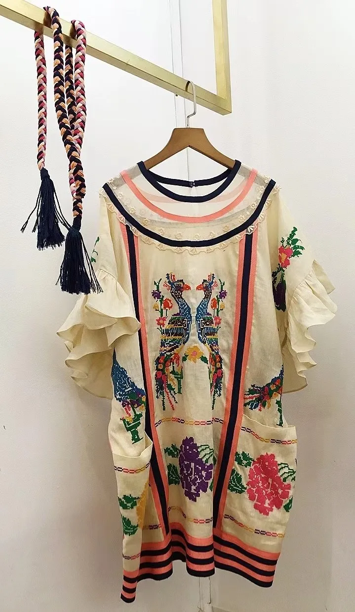 

Summer High 2021 Quality Women Flower Embroidery Flare Sleeve Dress With Belts Gdnz 2.25