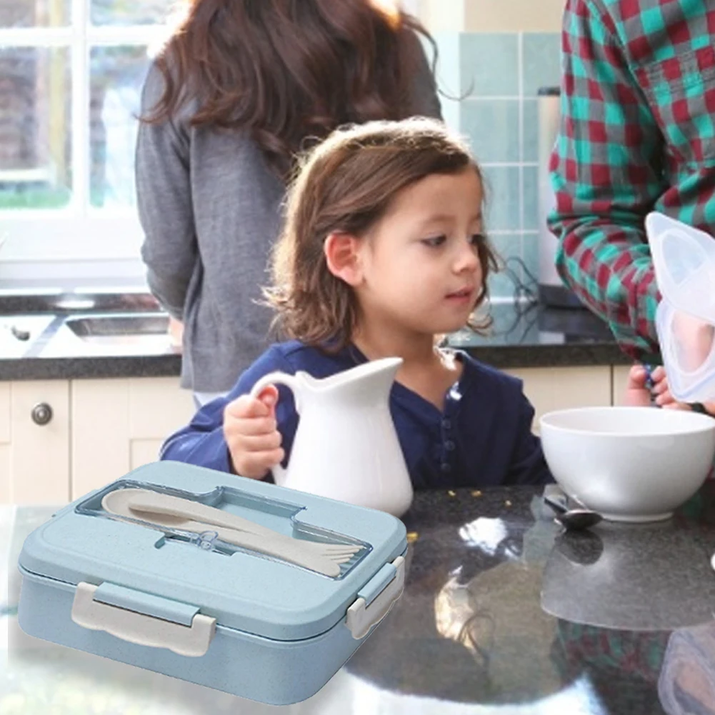 

Food Storage Container Bento Box Healthy Material Wheat Straw Lunch Box Portable Three Compartment Fork Spoon School Office Blue