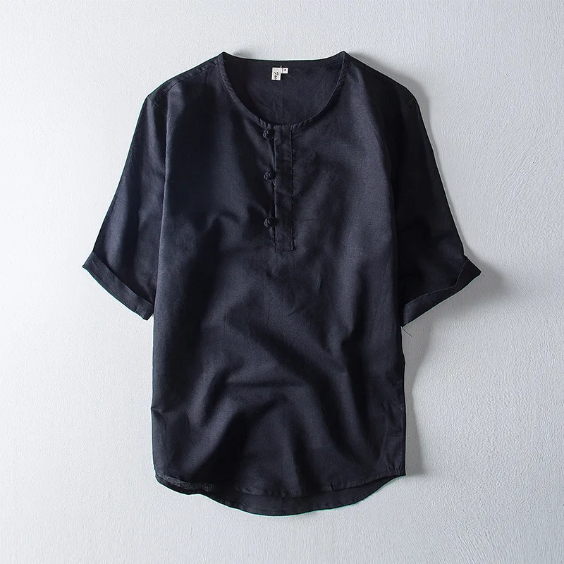 Повседневные мужские льняные рубашки в китайском стиле рубашка без воротника и