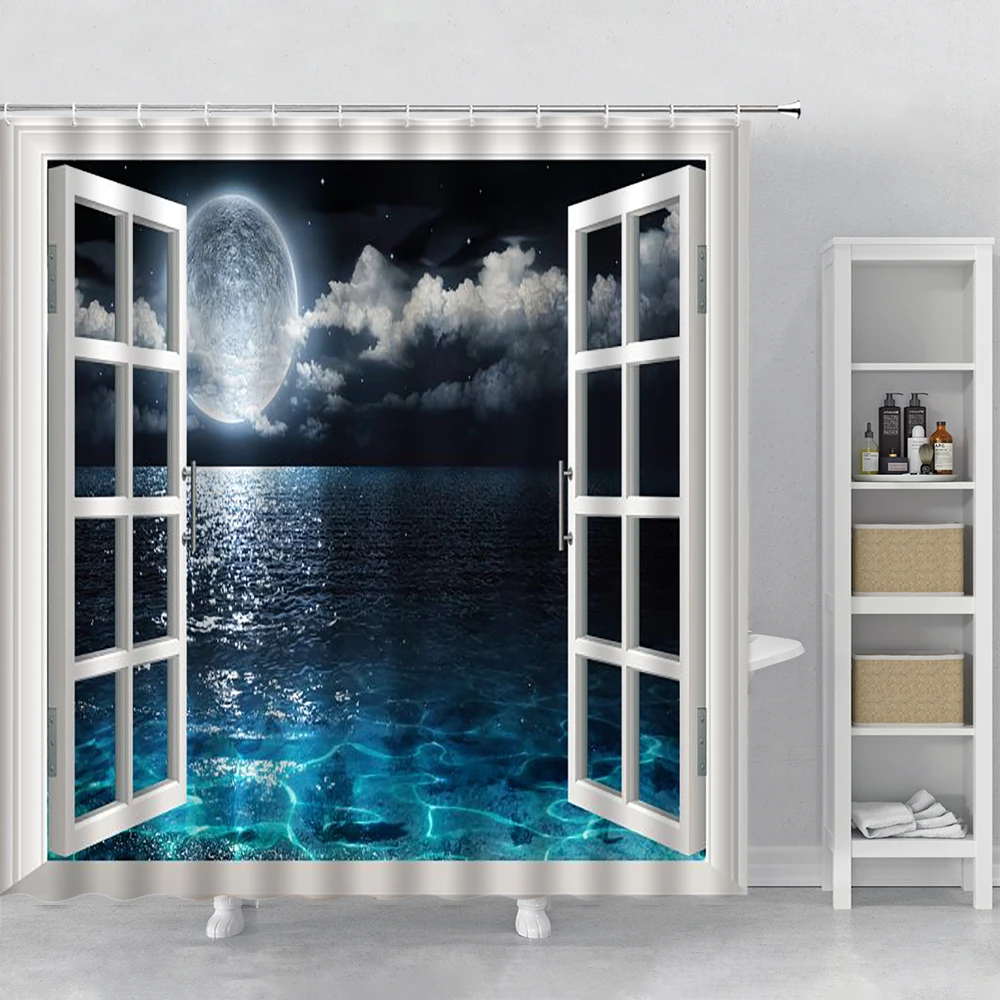 

Ocean Moon Window Landscape Shower Curtains Sea Water Reflection Moonlight Waves Curtain for Bathroom Home Bathtub Decor Fabric
